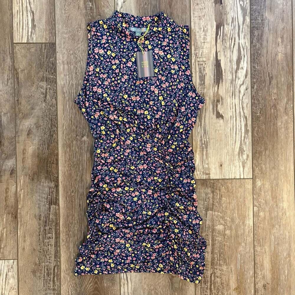 Good Luck Gem Floral Ruched Bodycon Dress Sleeveless Navy NWT Size M